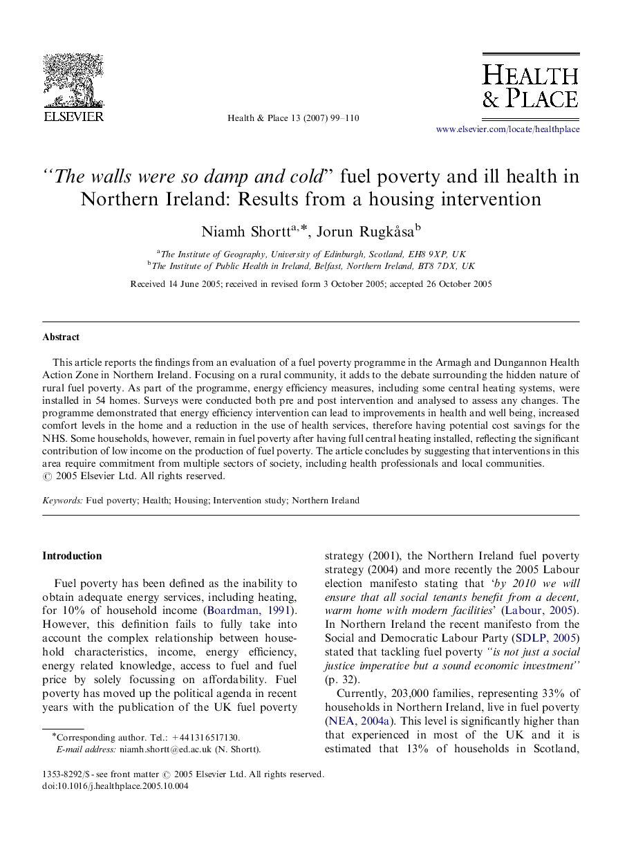 “The walls were so damp and cold” fuel poverty and ill health in Northern Ireland: Results from a housing intervention