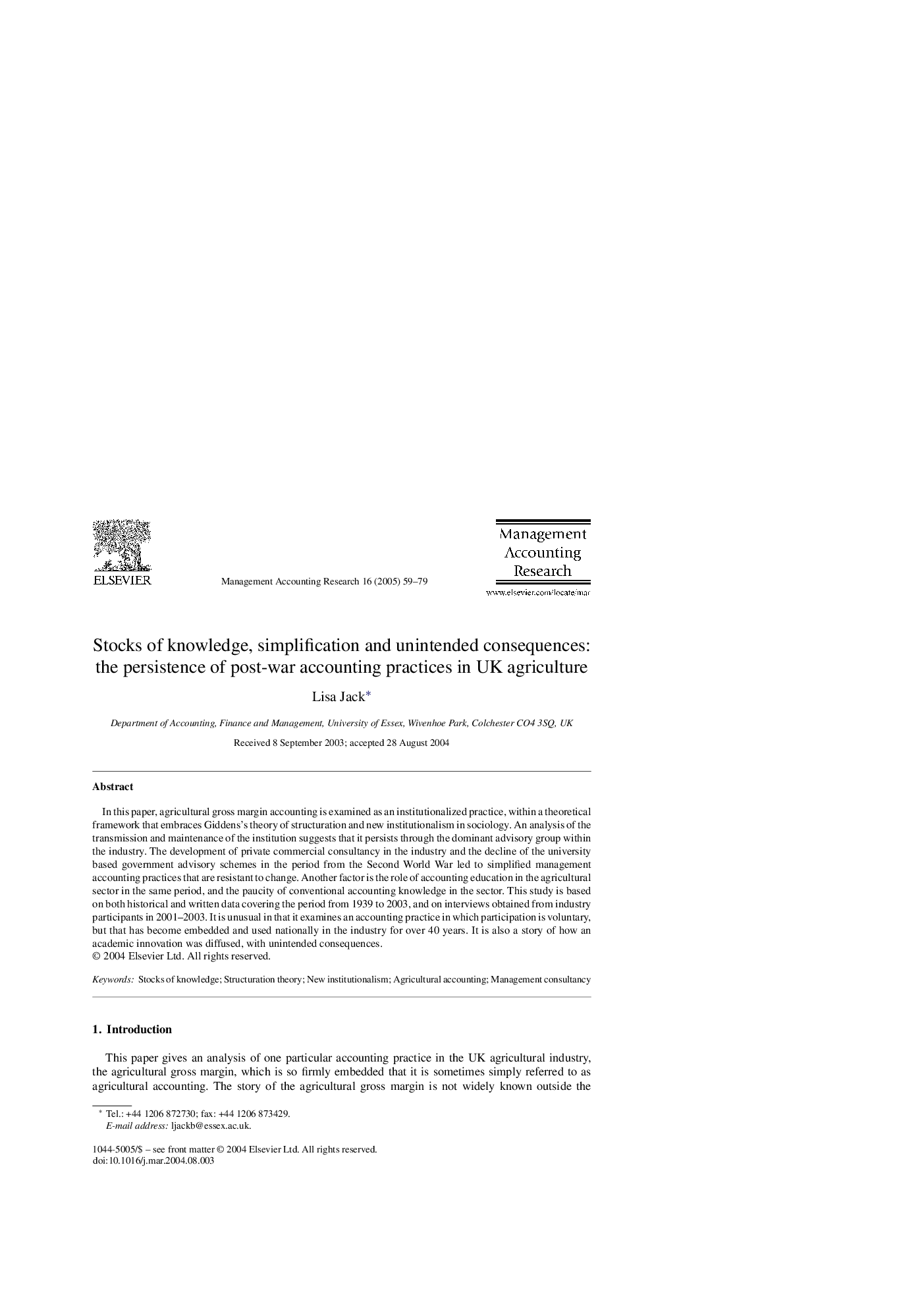 Stocks of knowledge, simplification and unintended consequences: the persistence of post-war accounting practices in UK agriculture