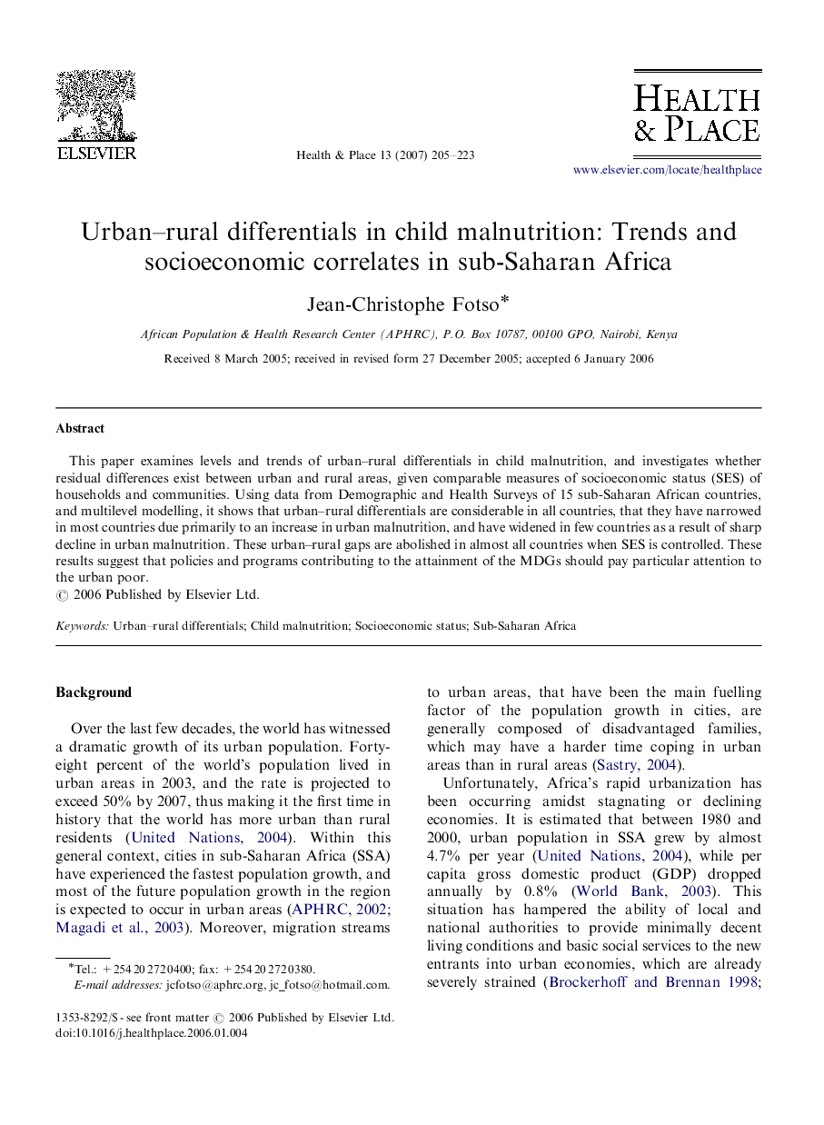 Urban–rural differentials in child malnutrition: Trends and socioeconomic correlates in sub-Saharan Africa