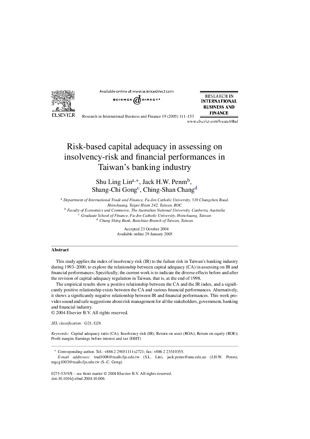 Risk-based capital adequacy in assessing on insolvency-risk and financial performances in Taiwan's banking industry