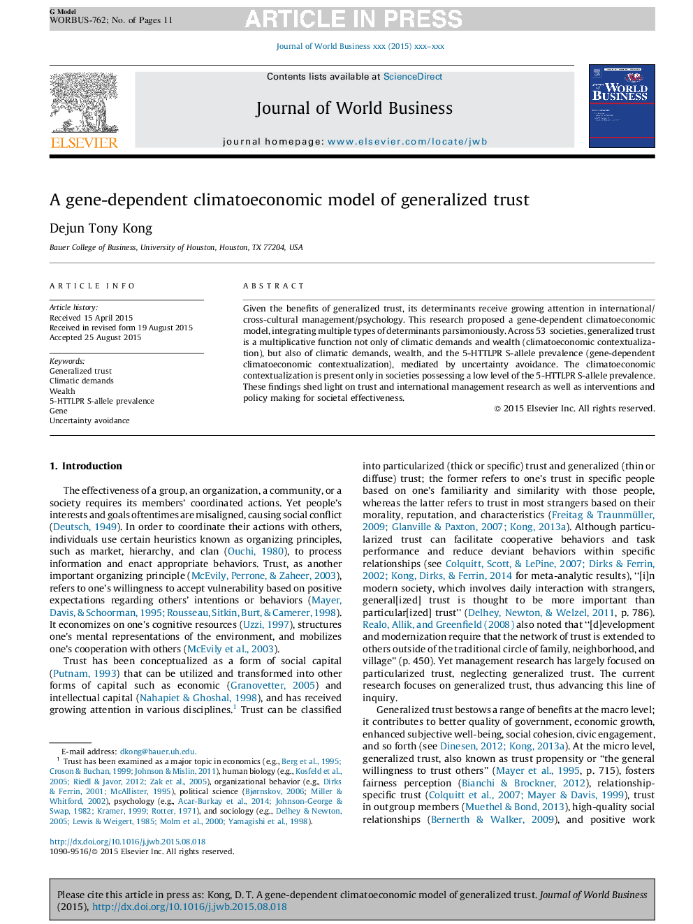 A gene-dependent climatoeconomic model of generalized trust