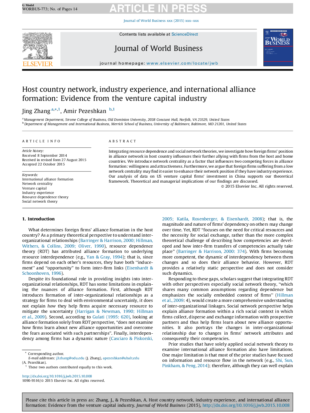 Host country network, industry experience, and international alliance formation: Evidence from the venture capital industry