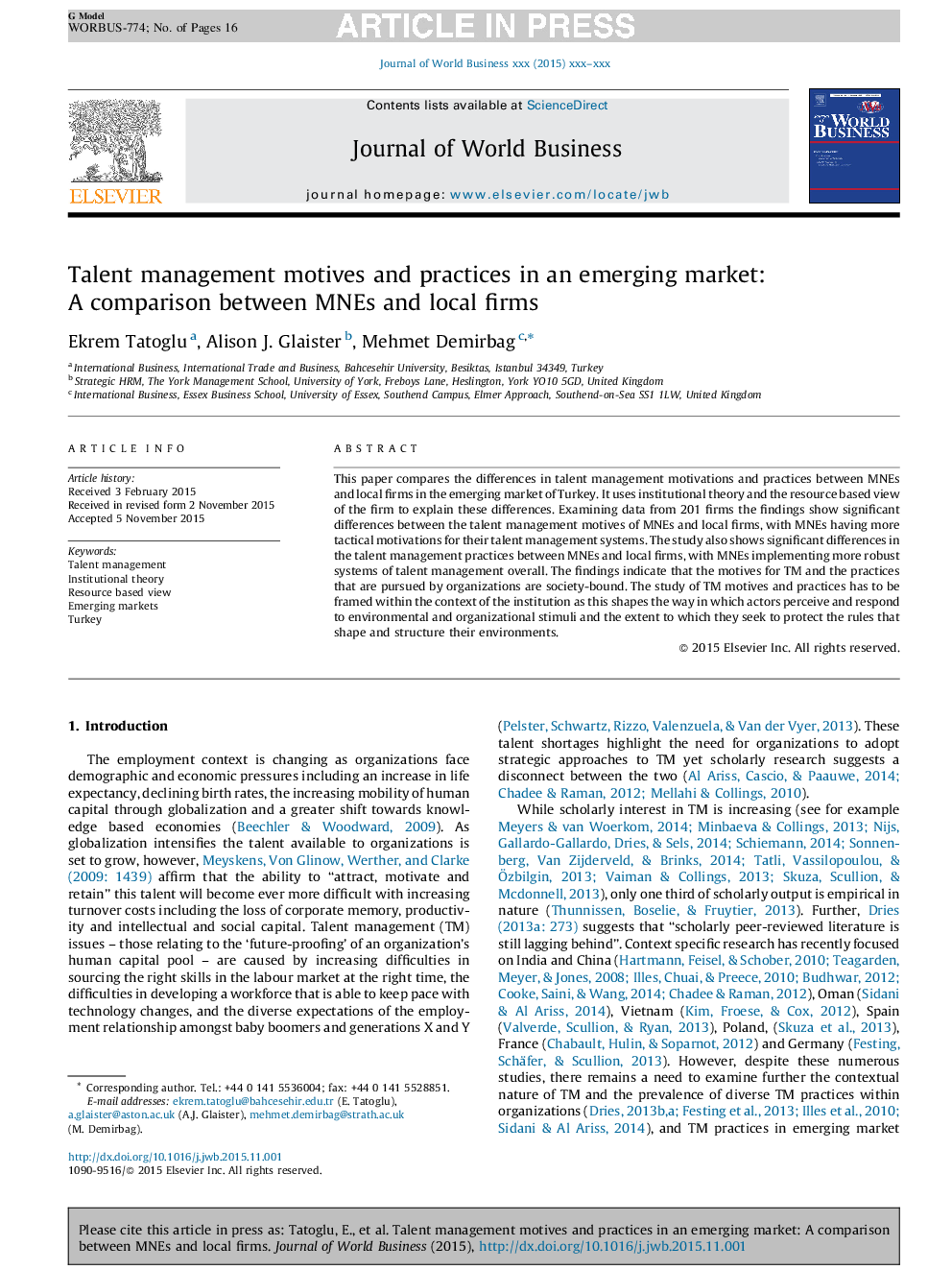 Talent management motives and practices in an emerging market: A comparison between MNEs and local firms