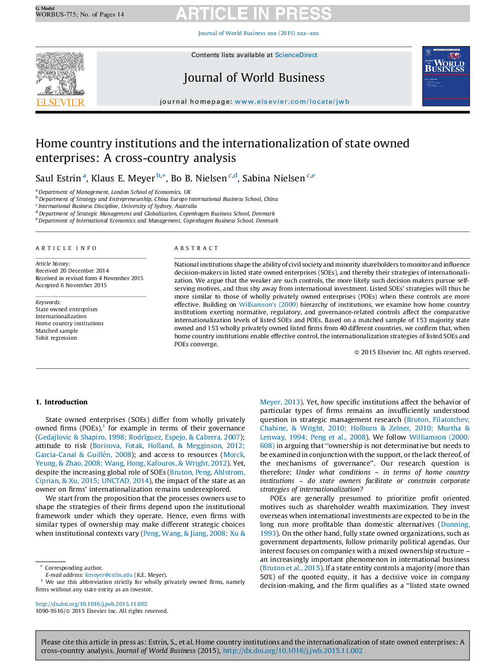 Home country institutions and the internationalization of state owned enterprises: A cross-country analysis