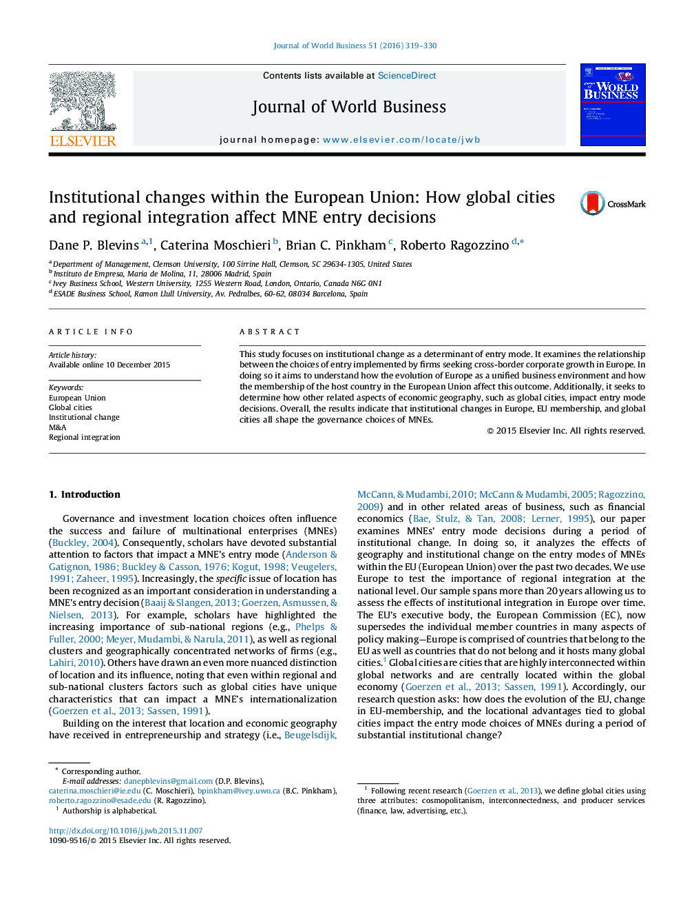 Institutional changes within the European Union: How global cities and regional integration affect MNE entry decisions