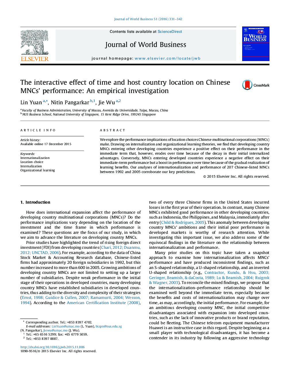 The interactive effect of time and host country location on Chinese MNCs' performance: An empirical investigation