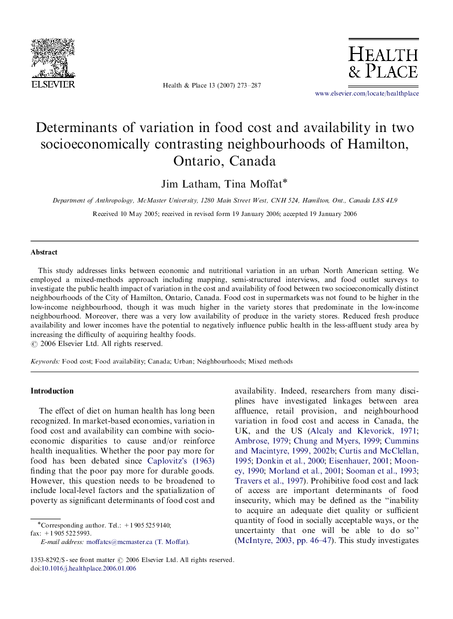 Determinants of variation in food cost and availability in two socioeconomically contrasting neighbourhoods of Hamilton, Ontario, Canada