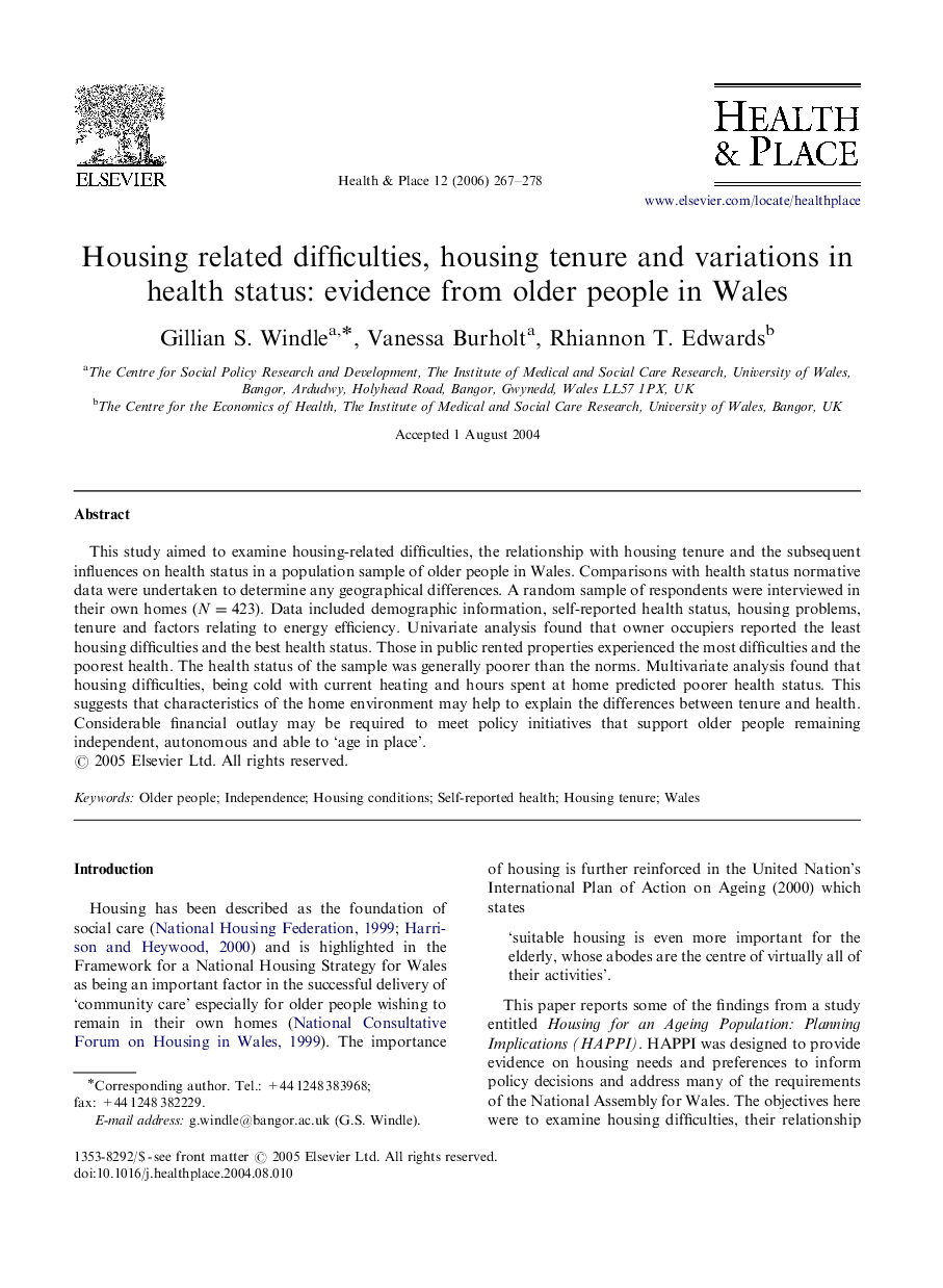 Housing related difficulties, housing tenure and variations in health status: evidence from older people in Wales