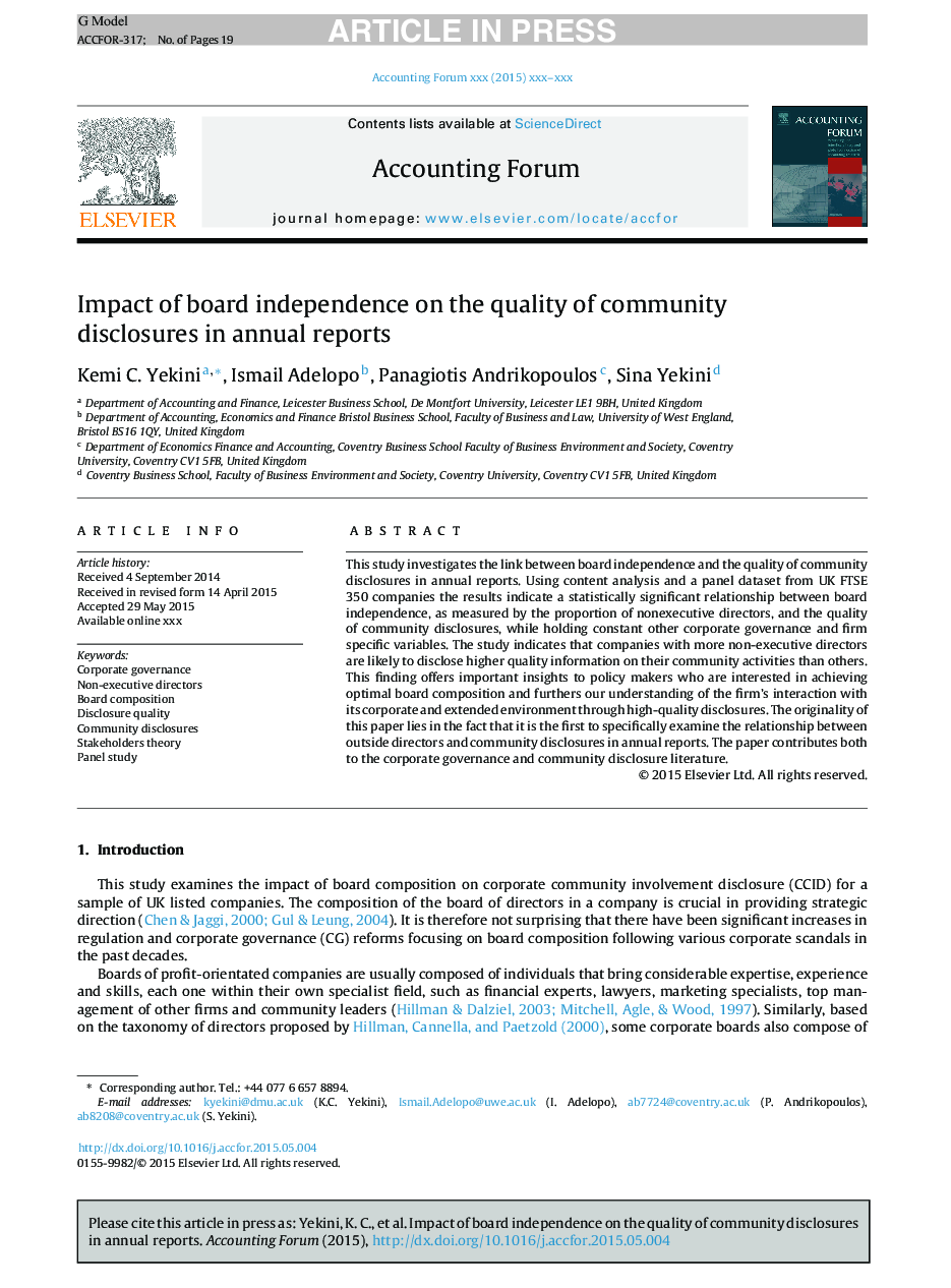 Impact of board independence on the quality of community disclosures in annual reports