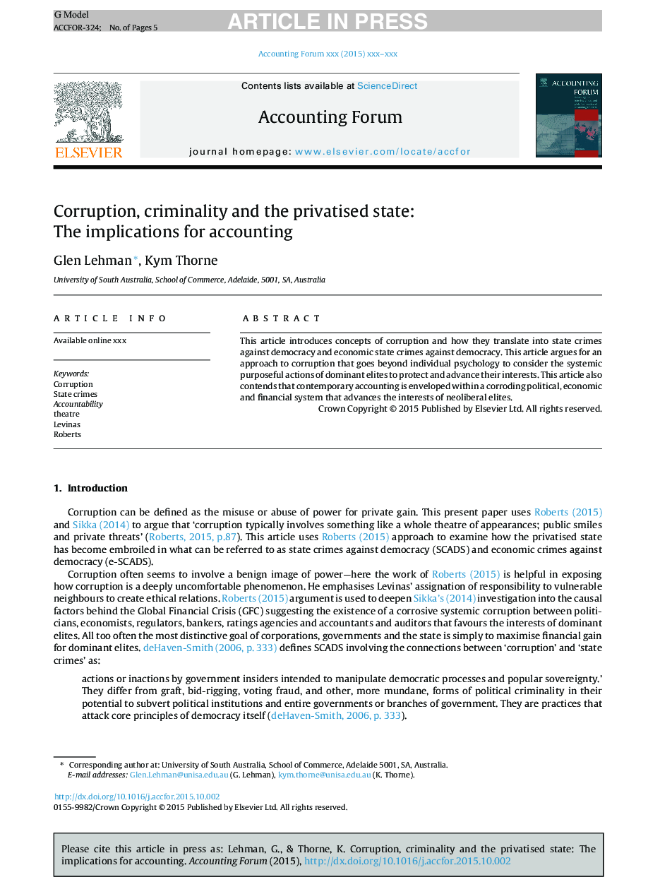 Corruption, criminality and the privatised state: The implications for accounting