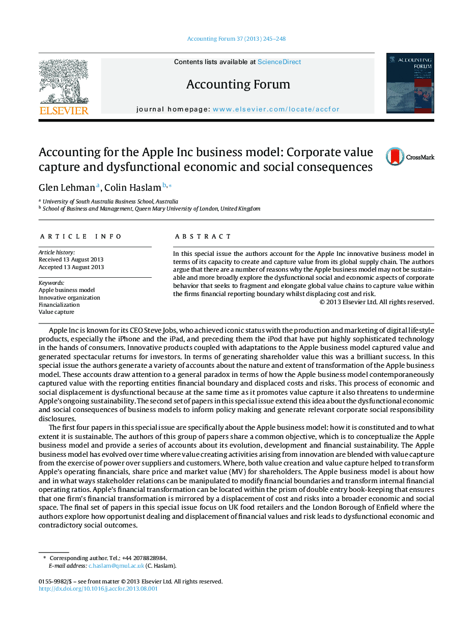 Accounting for the Apple Inc business model: Corporate value capture and dysfunctional economic and social consequences