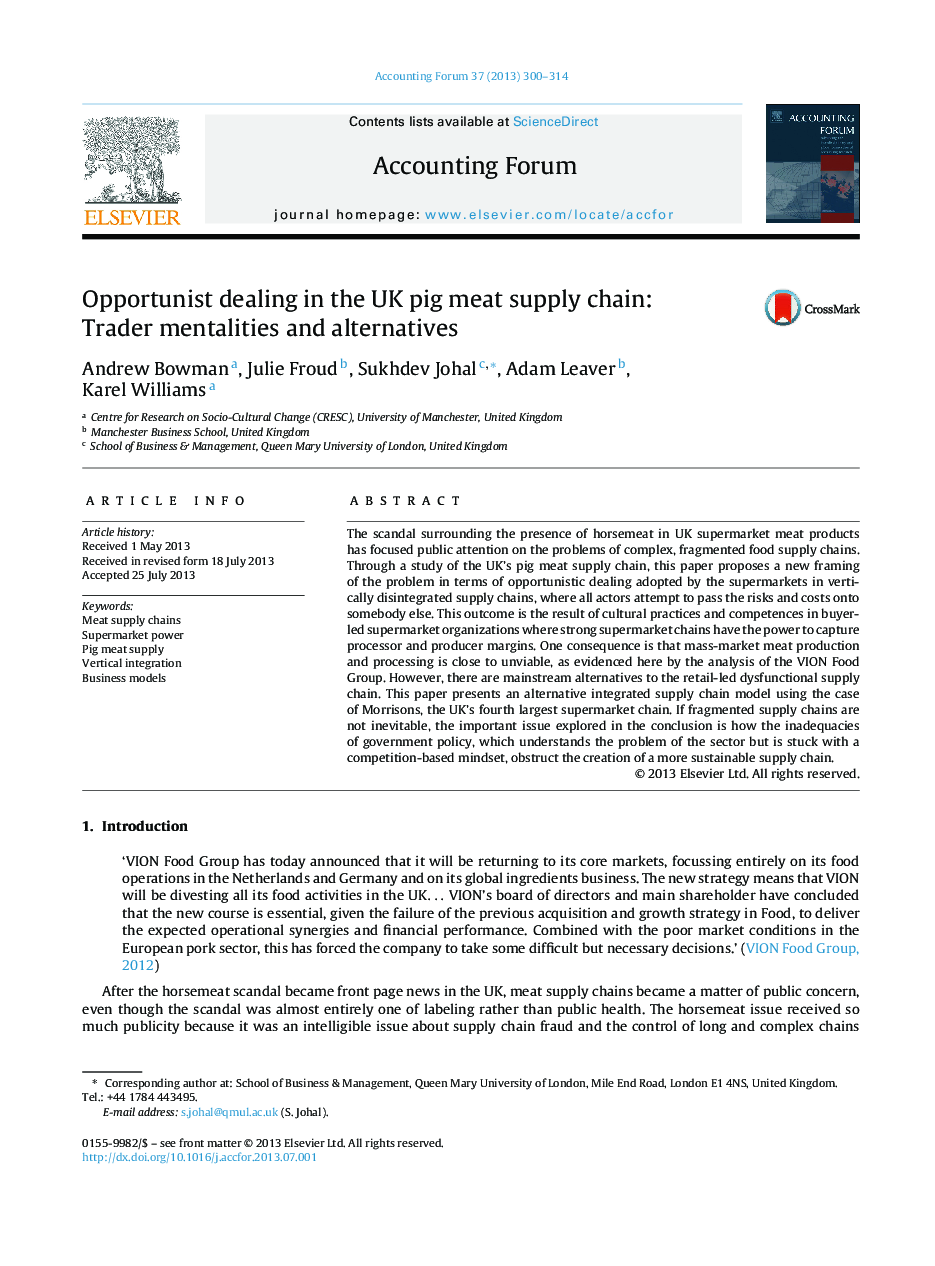 Opportunist dealing in the UK pig meat supply chain: Trader mentalities and alternatives