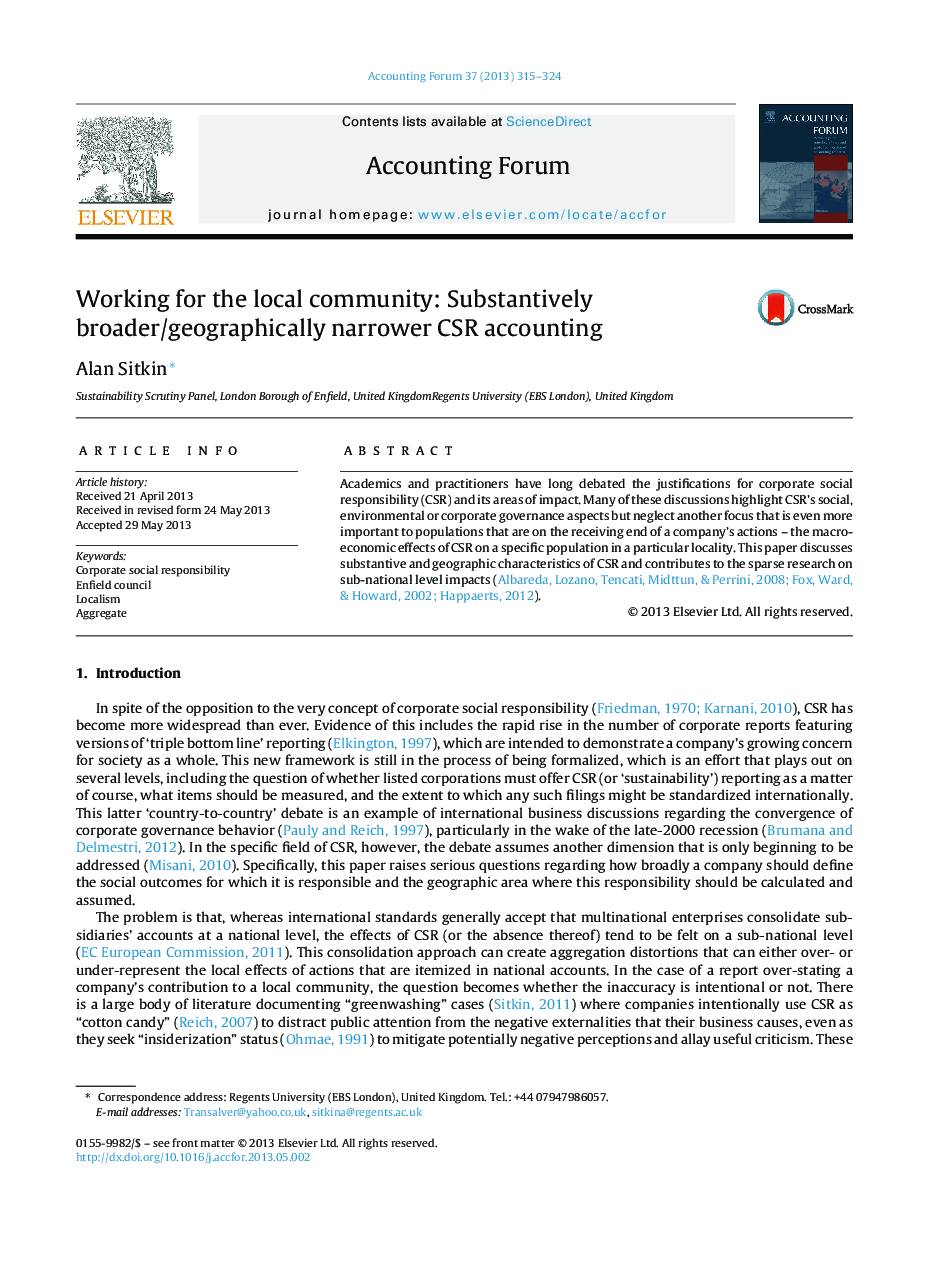 Working for the local community: Substantively broader/geographically narrower CSR accounting