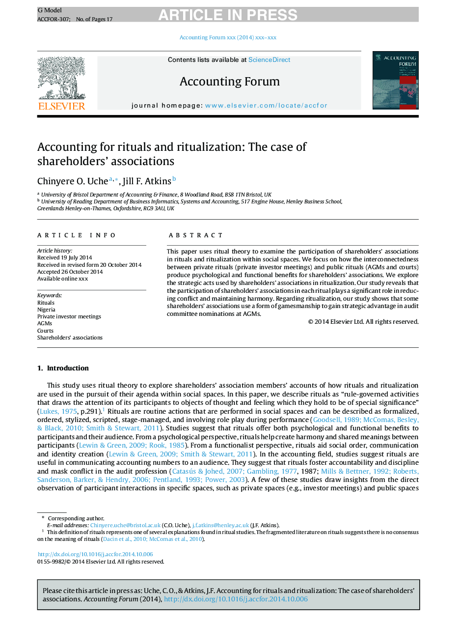 Accounting for rituals and ritualization: The case of shareholders' associations