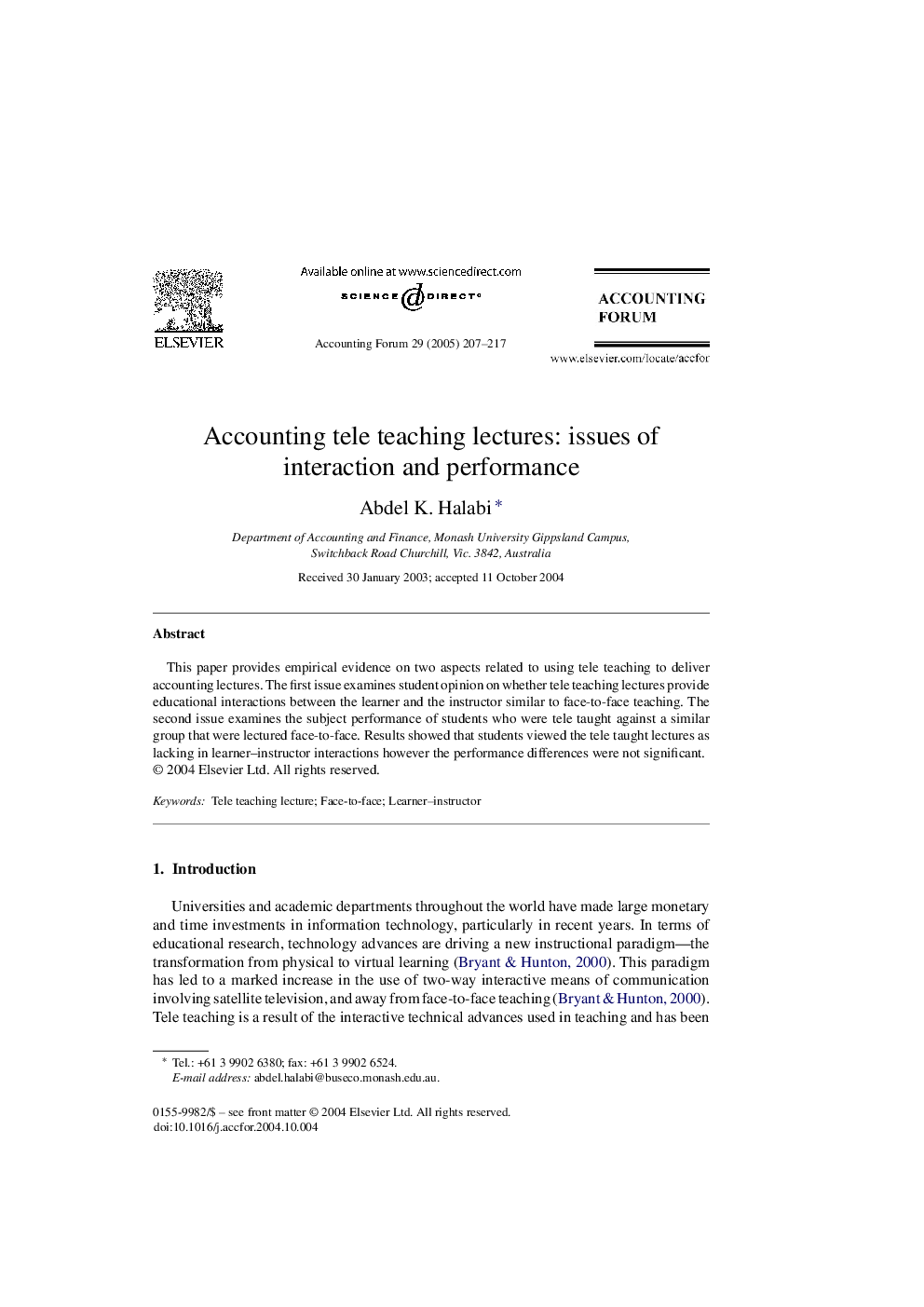 Accounting tele teaching lectures: issues of interaction and performance