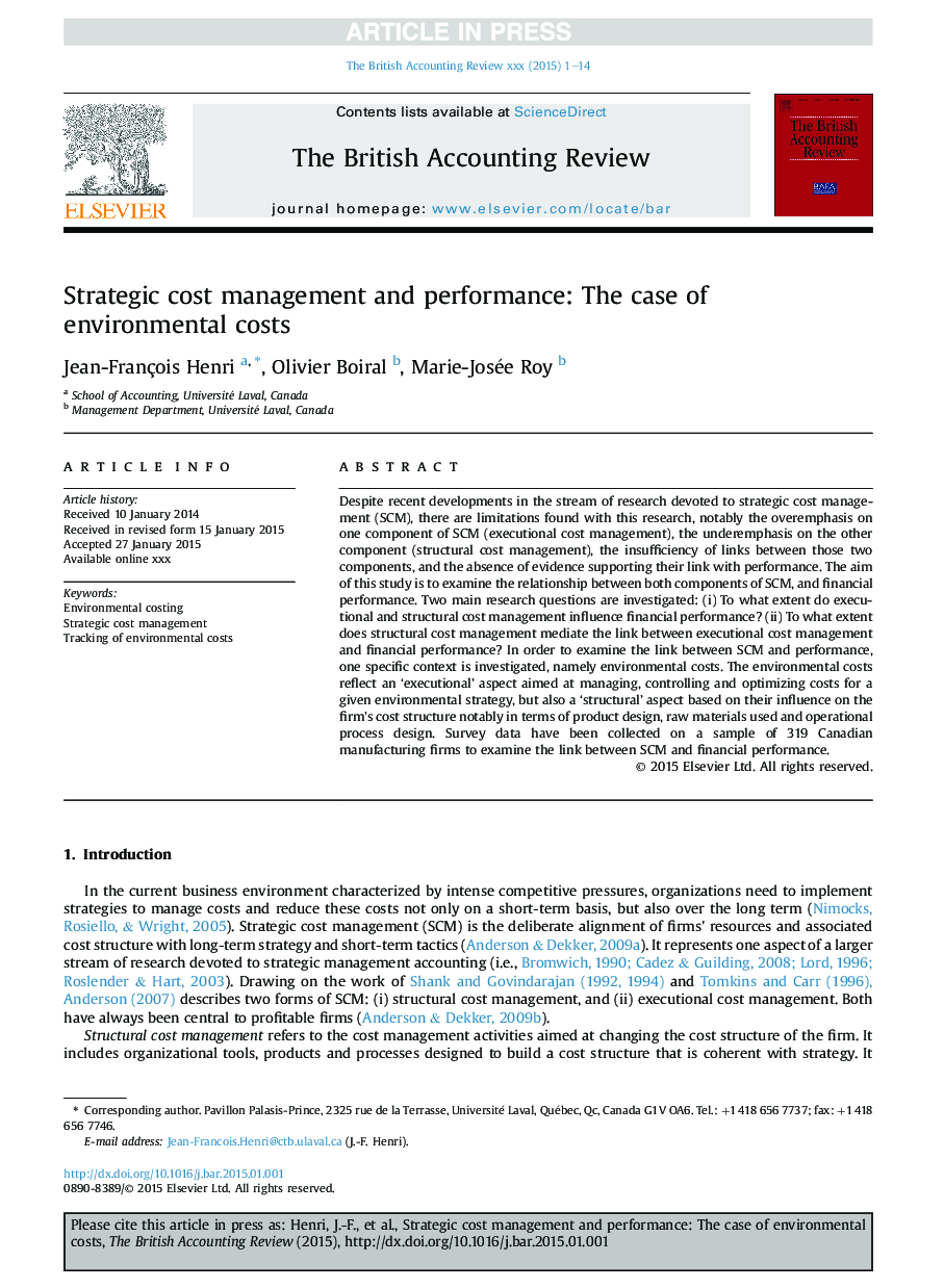 Strategic cost management and performance: The case of environmental costs