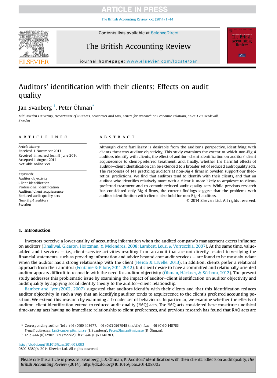 Auditors' identification with their clients: Effects on audit quality