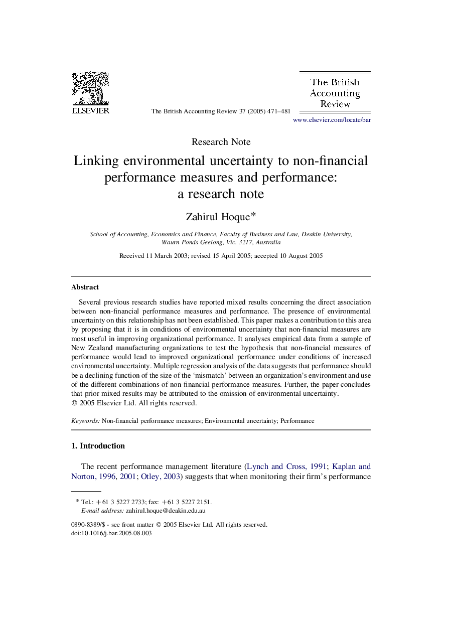 Linking environmental uncertainty to non-financial performance measures and performance: a research note