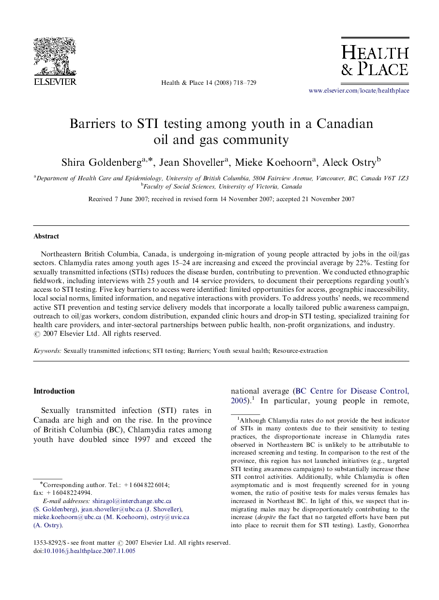 Barriers to STI testing among youth in a Canadian oil and gas community