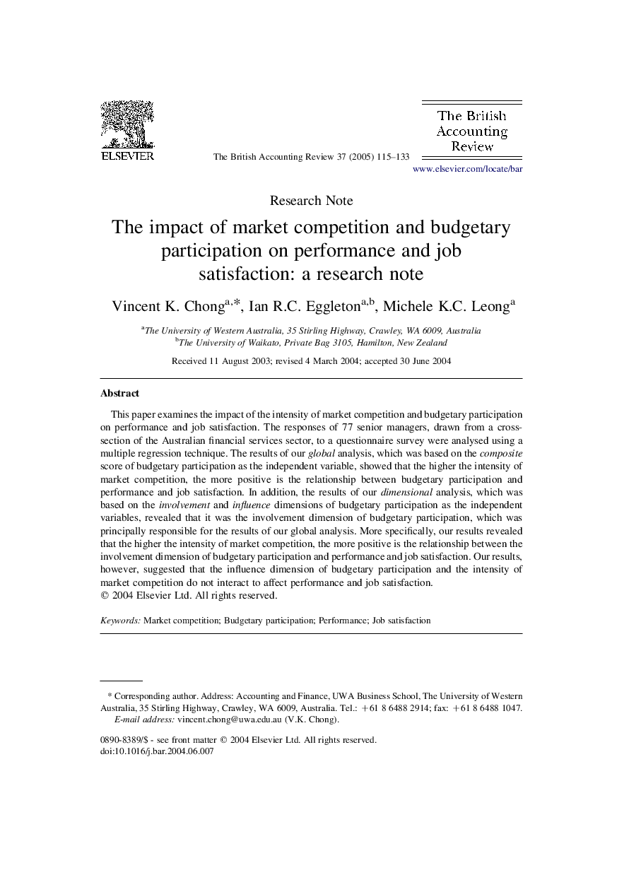 The impact of market competition and budgetary participation on performance and job satisfaction: a research note