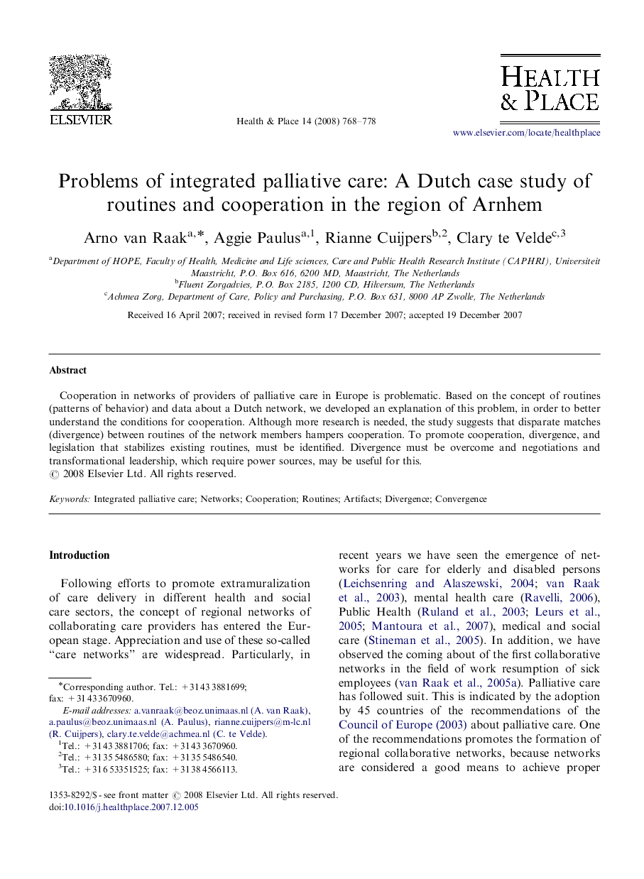 عکس صفحه اول مقاله: Problems of integrated palliative care: A Dutch case study of routines and cooperation in the region of Arnhem Problems of integrated palliative care: A Dutch case study of routines and cooperation in the region of Arnhem