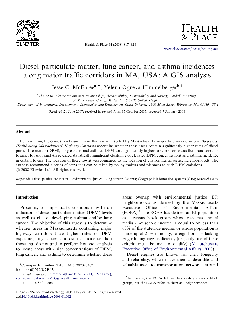 Diesel particulate matter, lung cancer, and asthma incidences along major traffic corridors in MA, USA: A GIS analysis