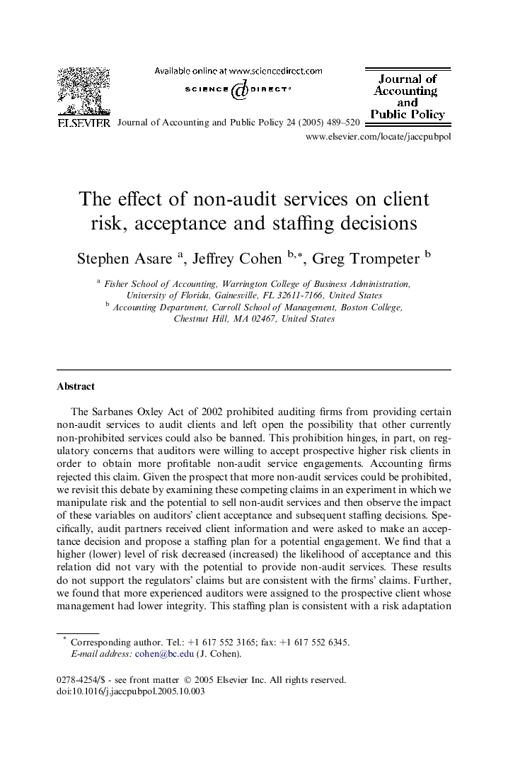 The effect of non-audit services on client risk, acceptance and staffing decisions
