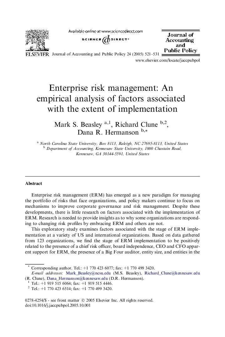 Enterprise risk management: An empirical analysis of factors associated with the extent of implementation