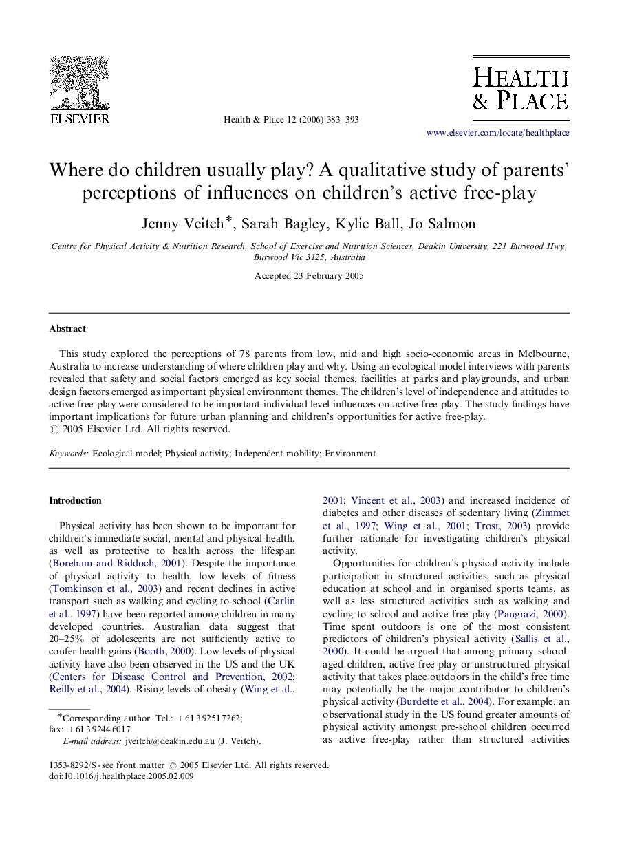 Where do children usually play? A qualitative study of parents’ perceptions of influences on children's active free-play