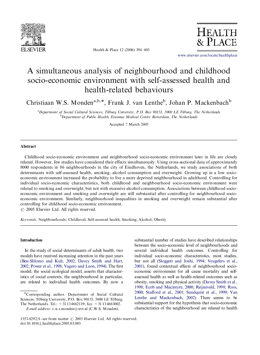 A simultaneous analysis of neighbourhood and childhood socio-economic environment with self-assessed health and health-related behaviours