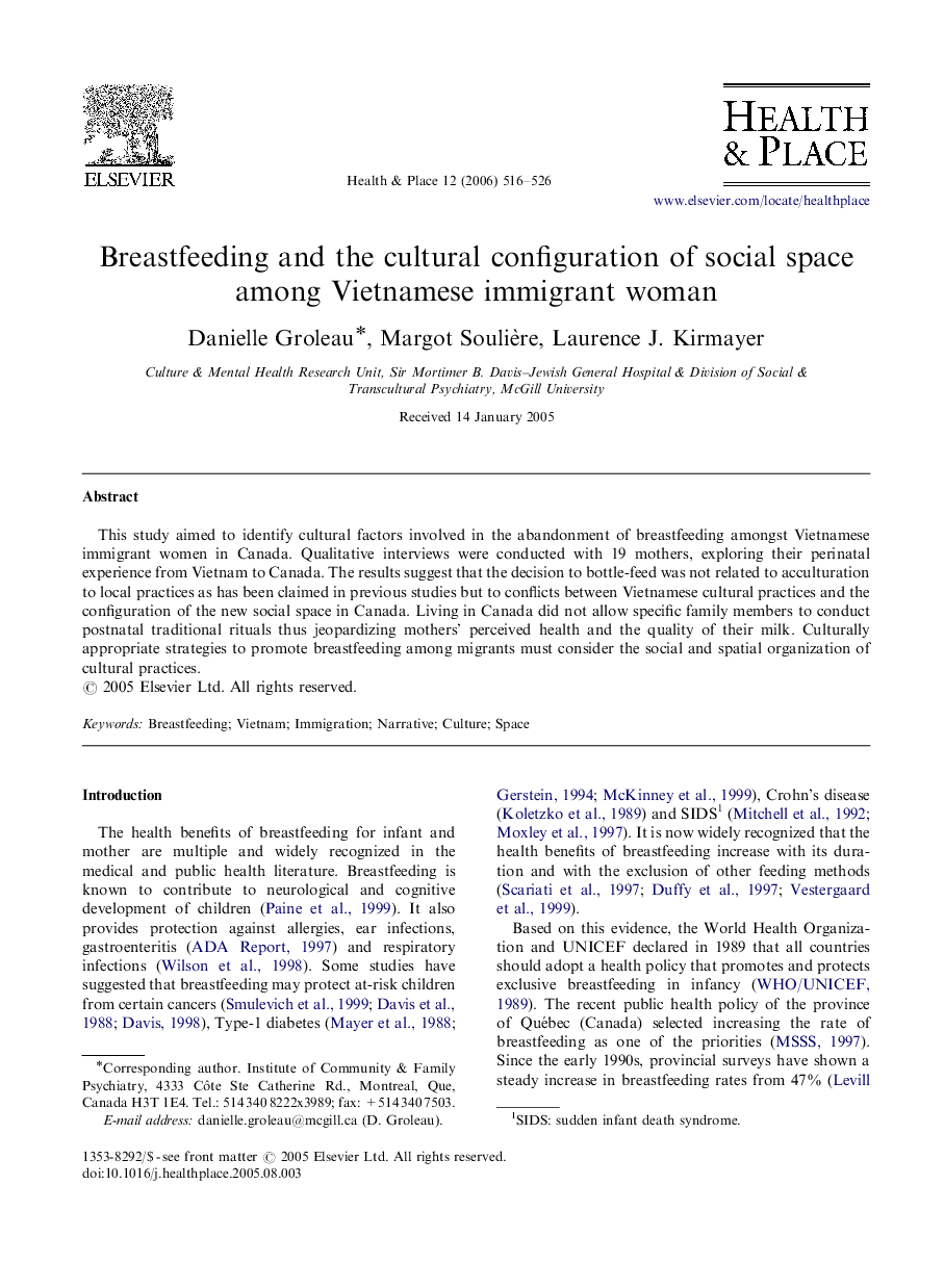 Breastfeeding and the cultural configuration of social space among Vietnamese immigrant woman