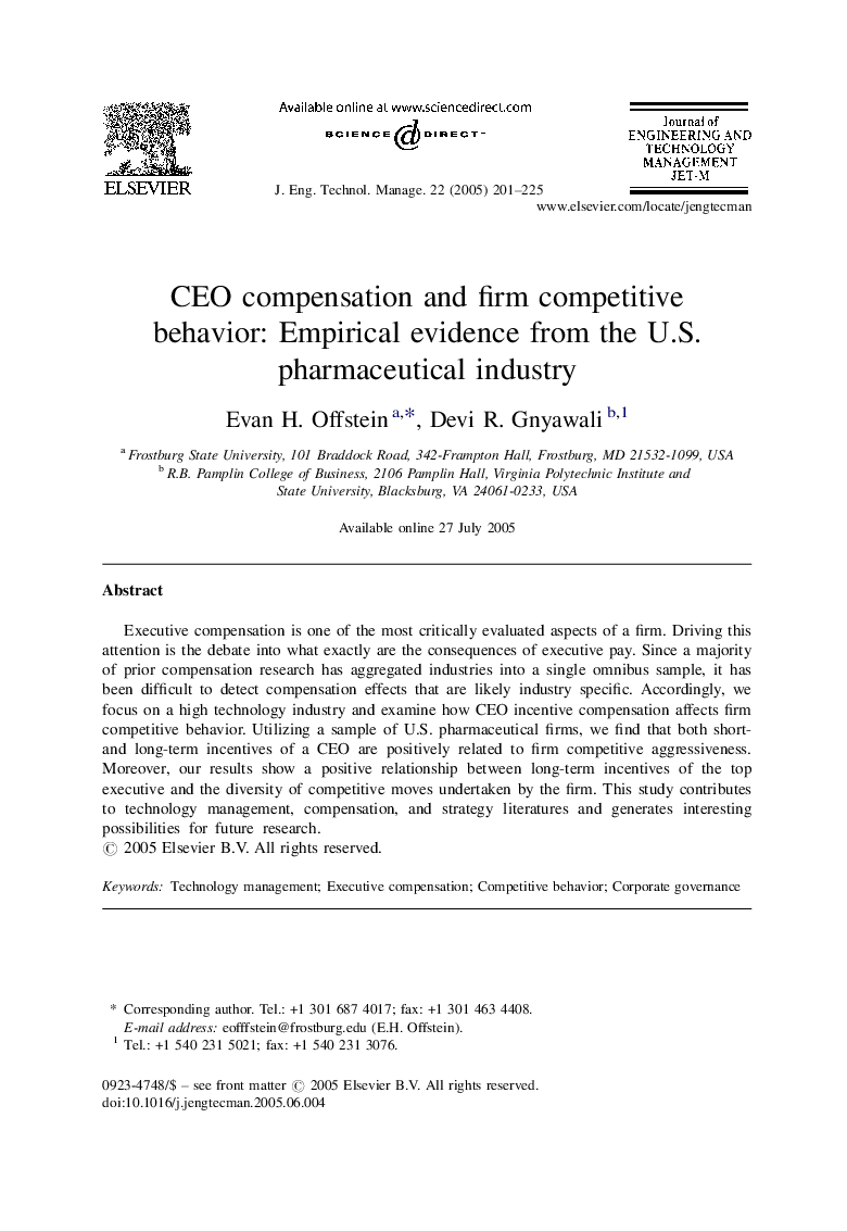 CEO compensation and firm competitive behavior: Empirical evidence from the U.S. pharmaceutical industry