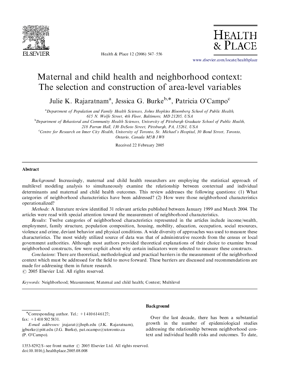 Maternal and child health and neighborhood context: The selection and construction of area-level variables