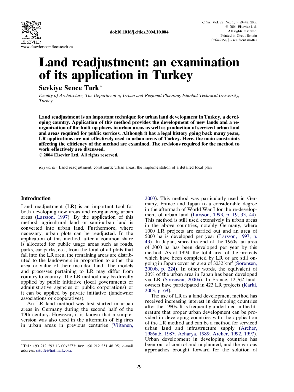 Land readjustment: an examination of its application in Turkey