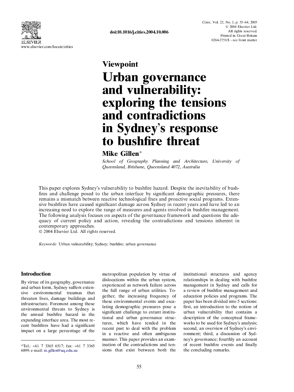 Urban governance and vulnerability: exploring the tensions and contradictions in Sydney's response to bushfire threat