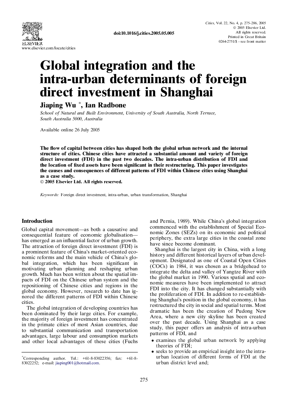 Global integration and the intra-urban determinants of foreign direct investment in Shanghai