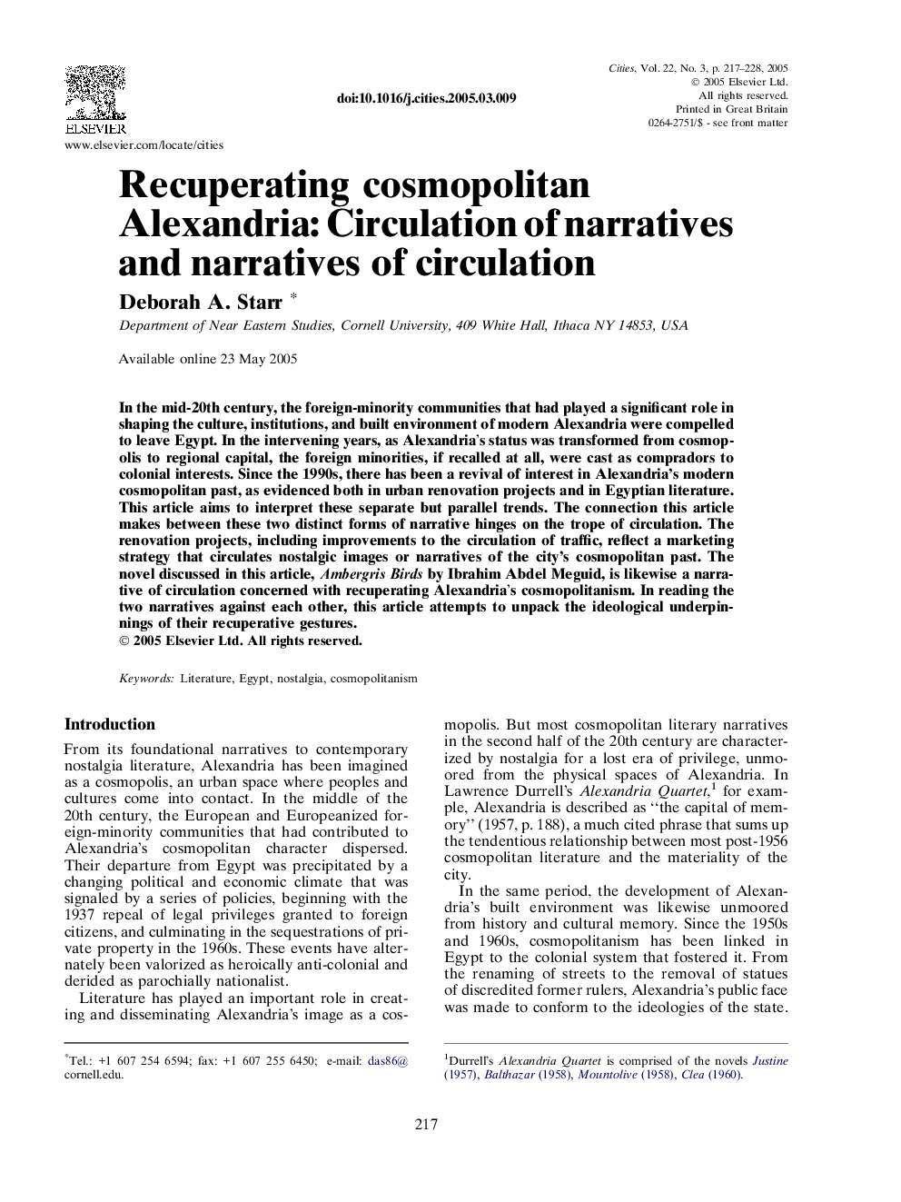 Recuperating cosmopolitan Alexandria: Circulation of narratives and narratives of circulation