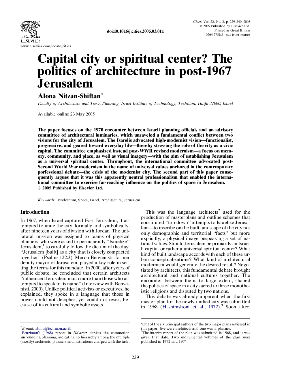 Capital city or spiritual center? The politics of architecture in post-1967 Jerusalem