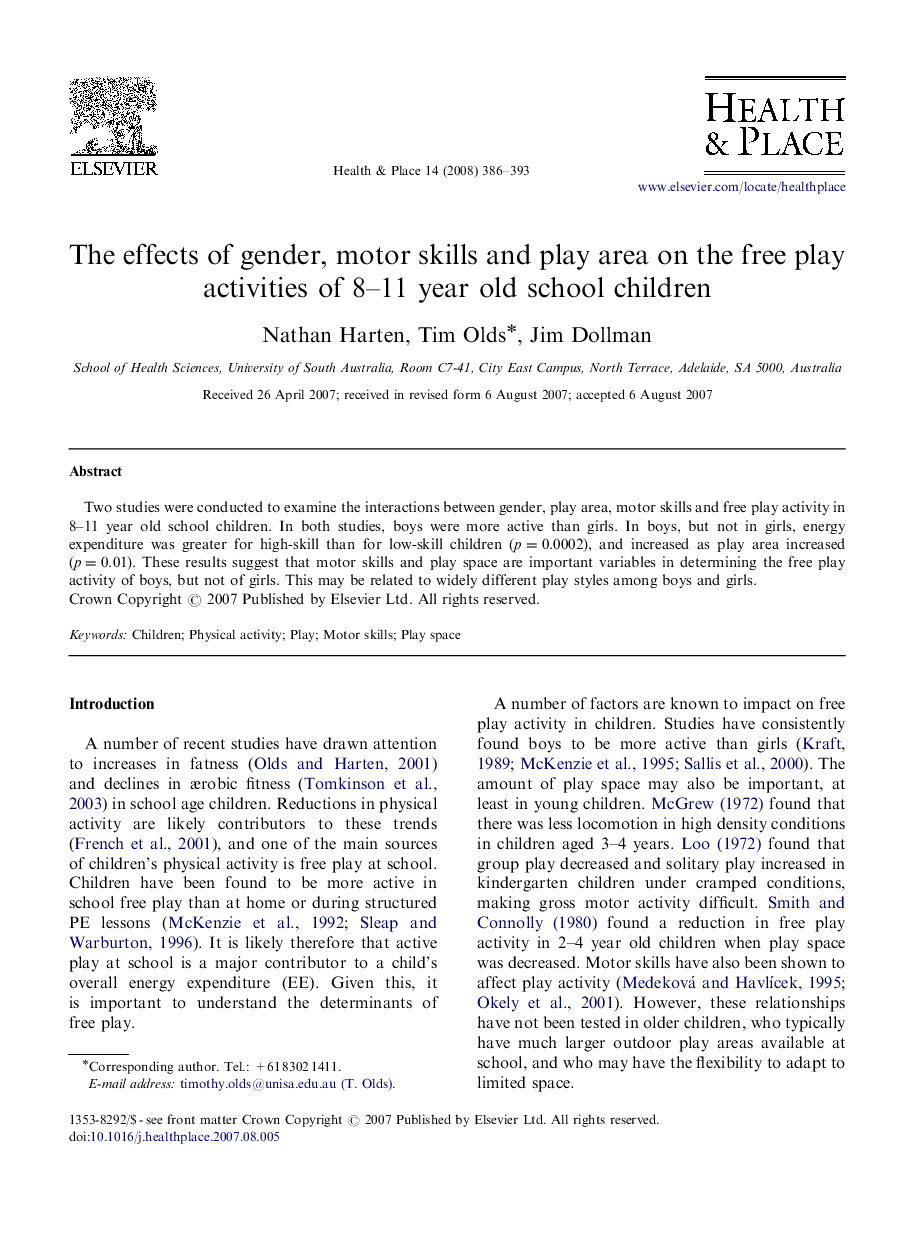 The effects of gender, motor skills and play area on the free play activities of 8–11 year old school children