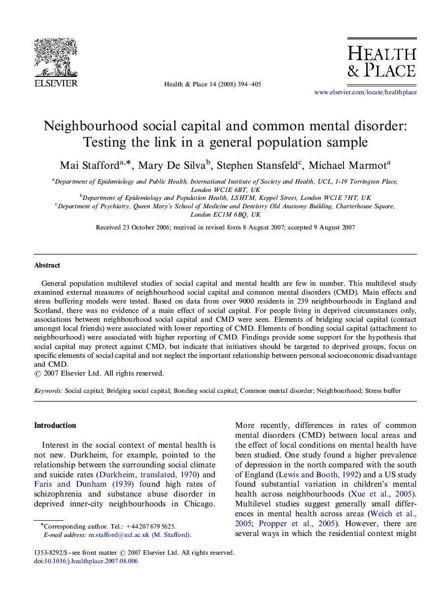 Neighbourhood social capital and common mental disorder: Testing the link in a general population sample