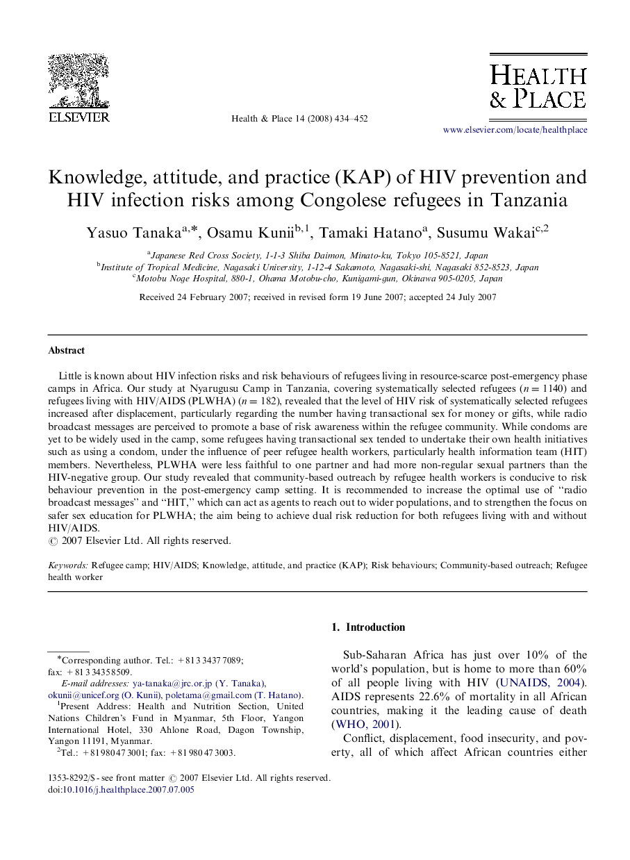 Knowledge, attitude, and practice (KAP) of HIV prevention and HIV infection risks among Congolese refugees in Tanzania