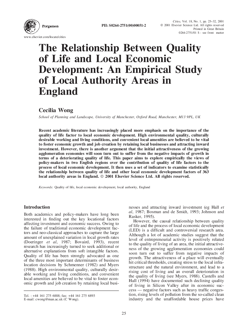 The Relationship Between Quality of Life and Local Economic Development: An Empirical Study of Local Authority Areas in England