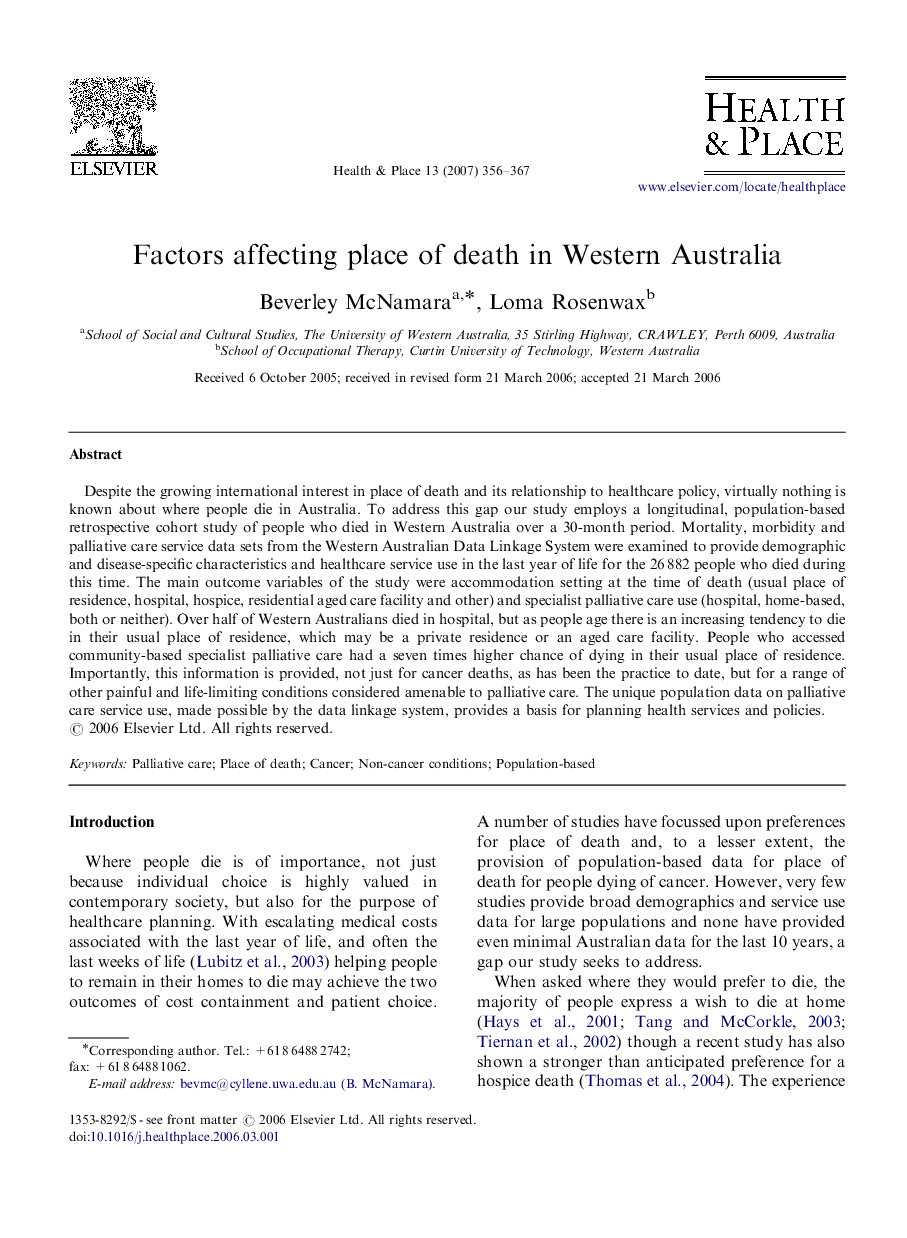 Factors affecting place of death in Western Australia