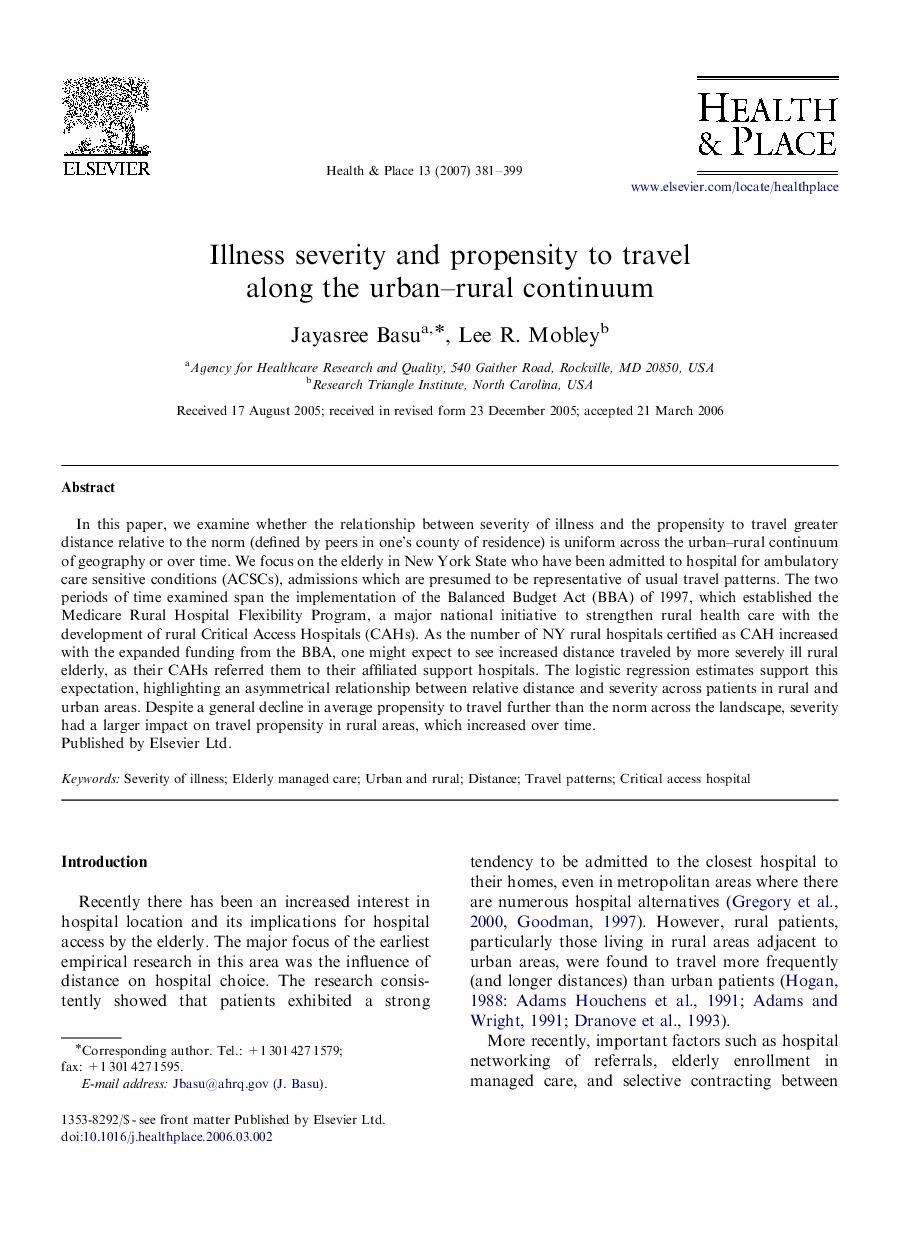 Illness severity and propensity to travel along the urban–rural continuum