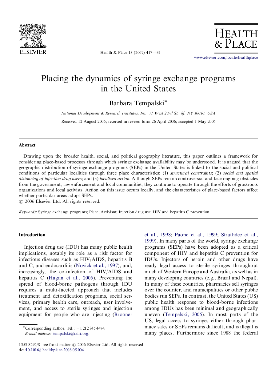 Placing the dynamics of syringe exchange programs in the United States