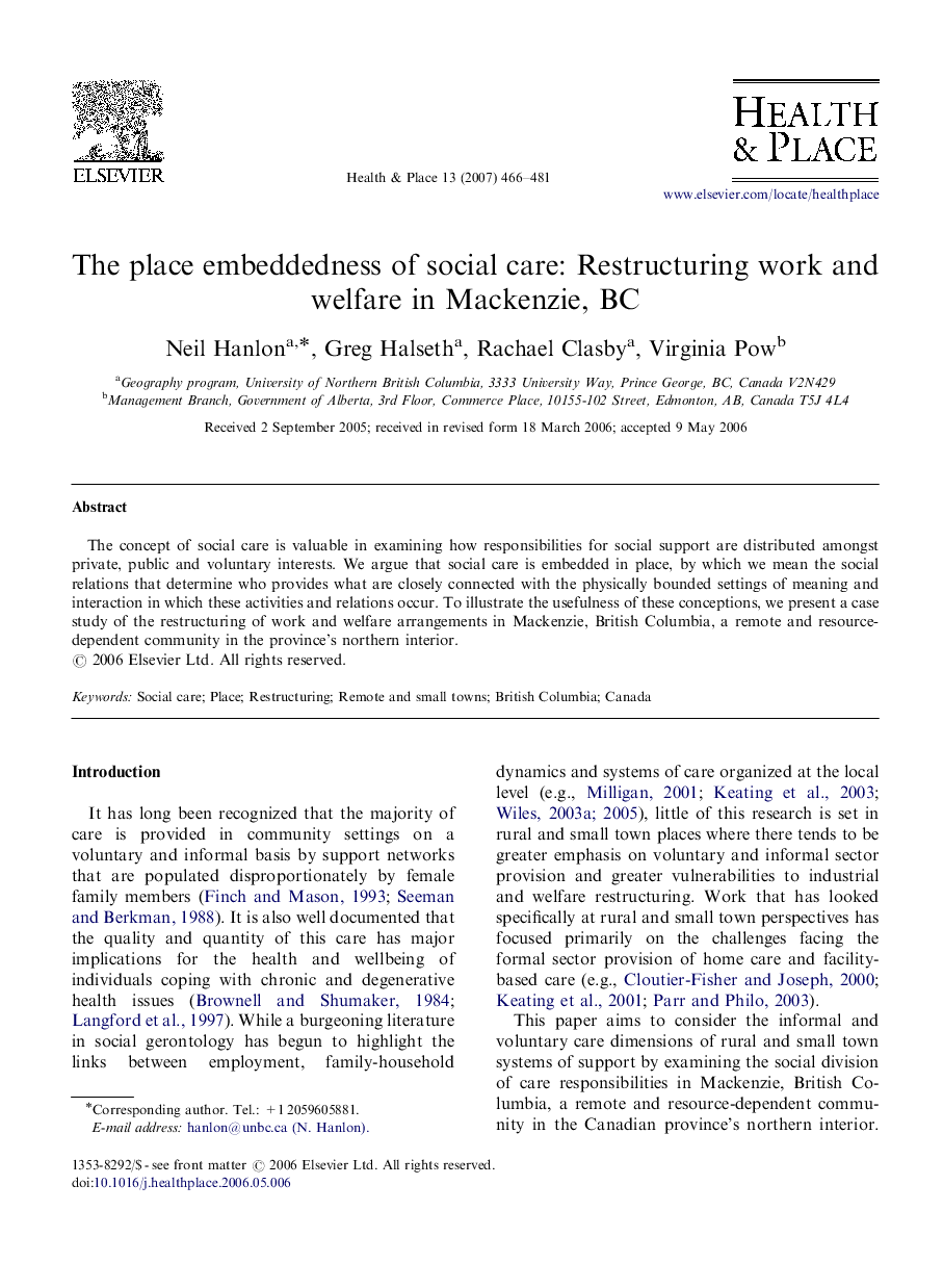 The place embeddedness of social care: Restructuring work and welfare in Mackenzie, BC