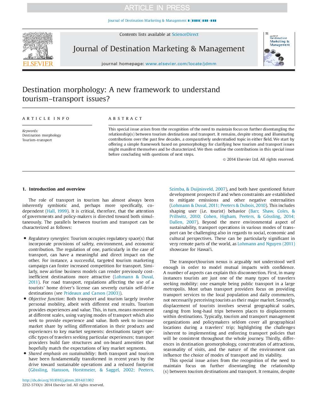 Destination morphology: A new framework to understand tourism-transport issues?