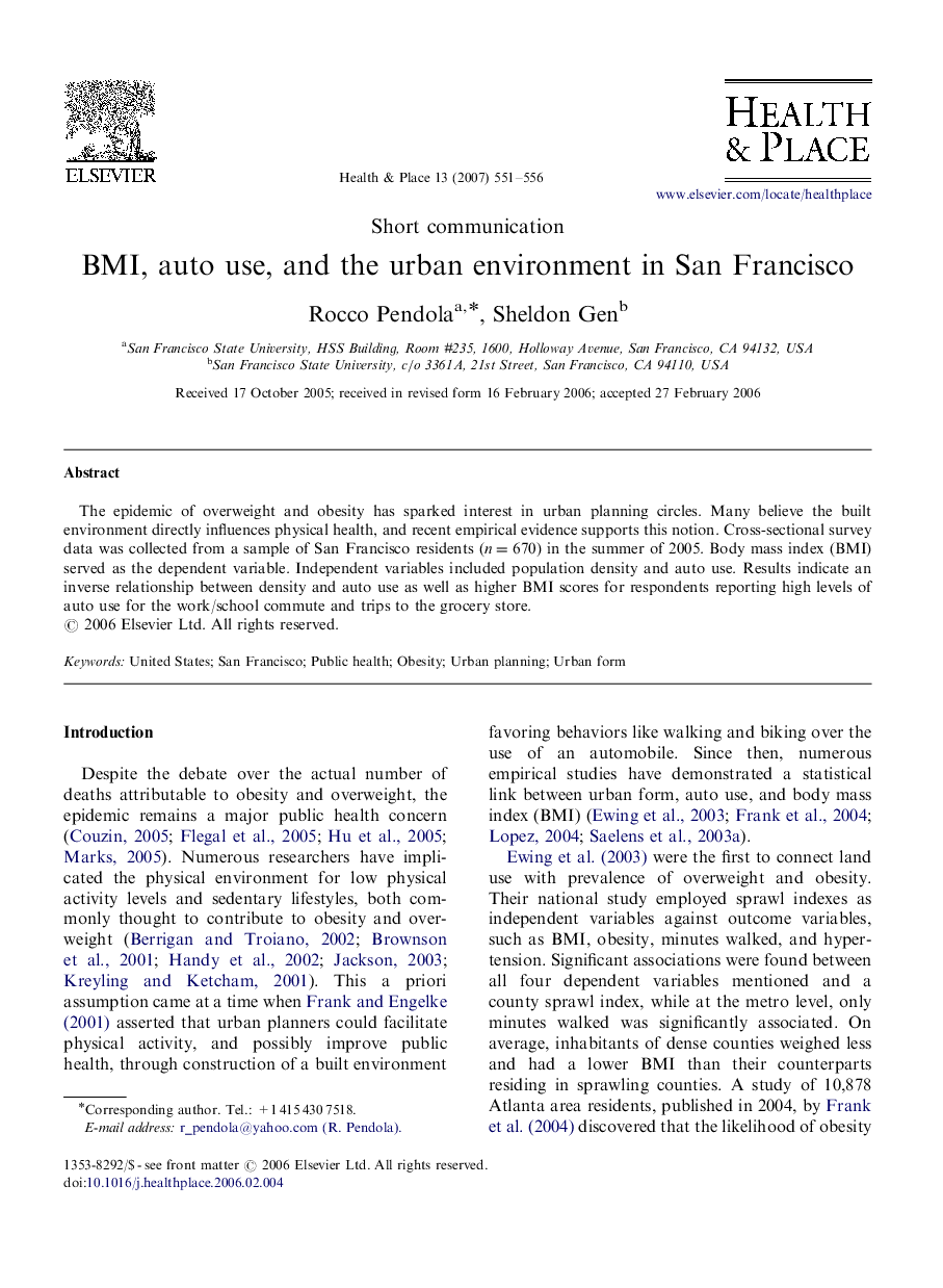 BMI, auto use, and the urban environment in San Francisco