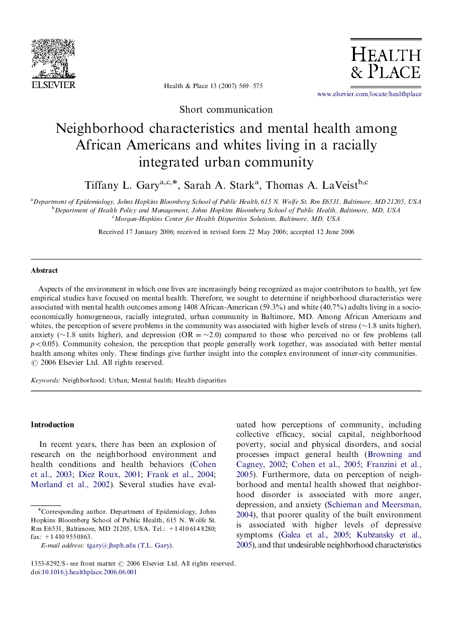 Neighborhood characteristics and mental health among African Americans and whites living in a racially integrated urban community