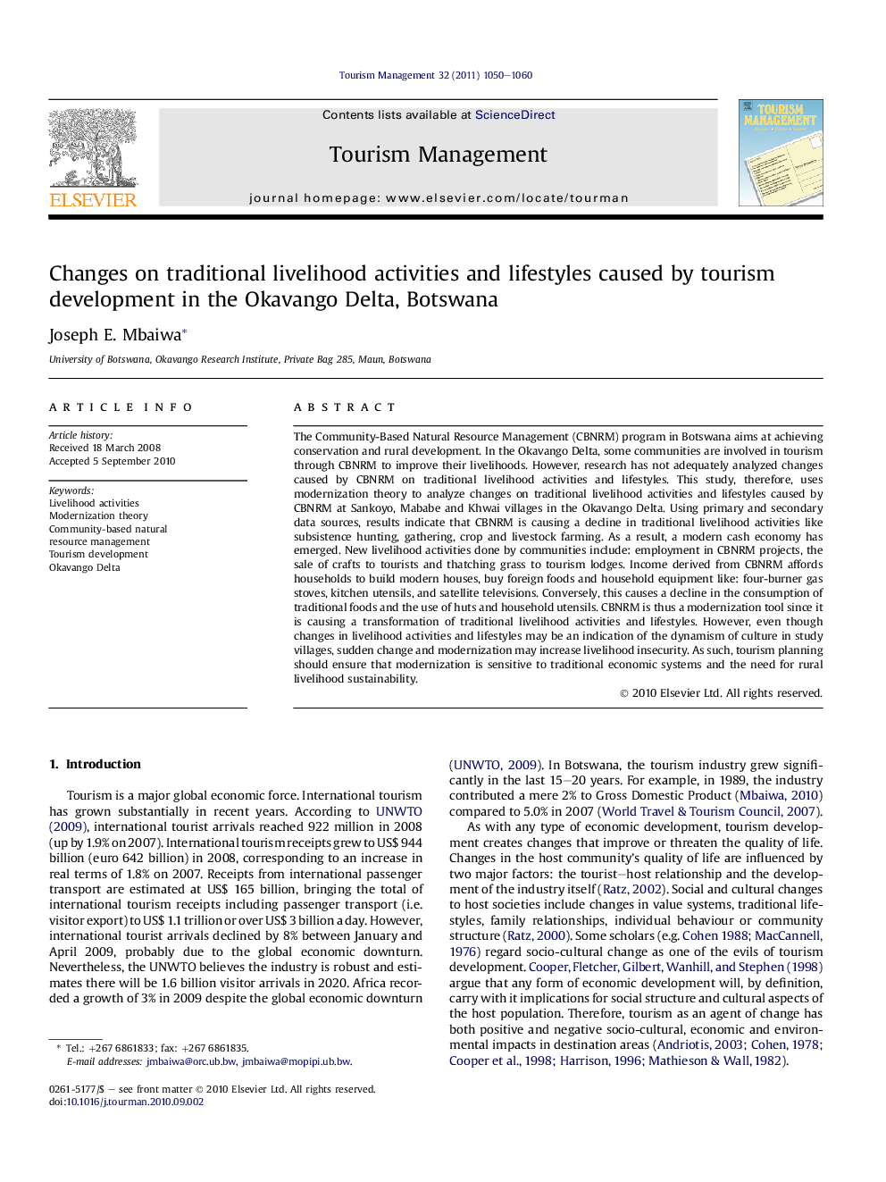 Changes on traditional livelihood activities and lifestyles caused by tourism development in the Okavango Delta, Botswana